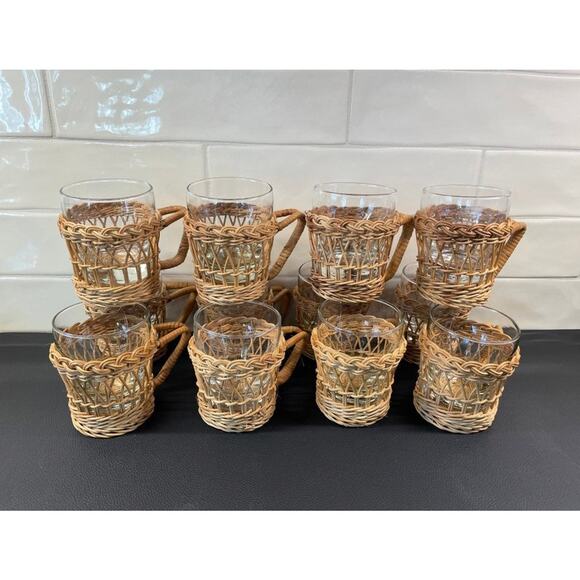 Vintage Woven Rattan Wicker Drinkware Holders Glass Cups (Set of 6) - Picture 8 of 10